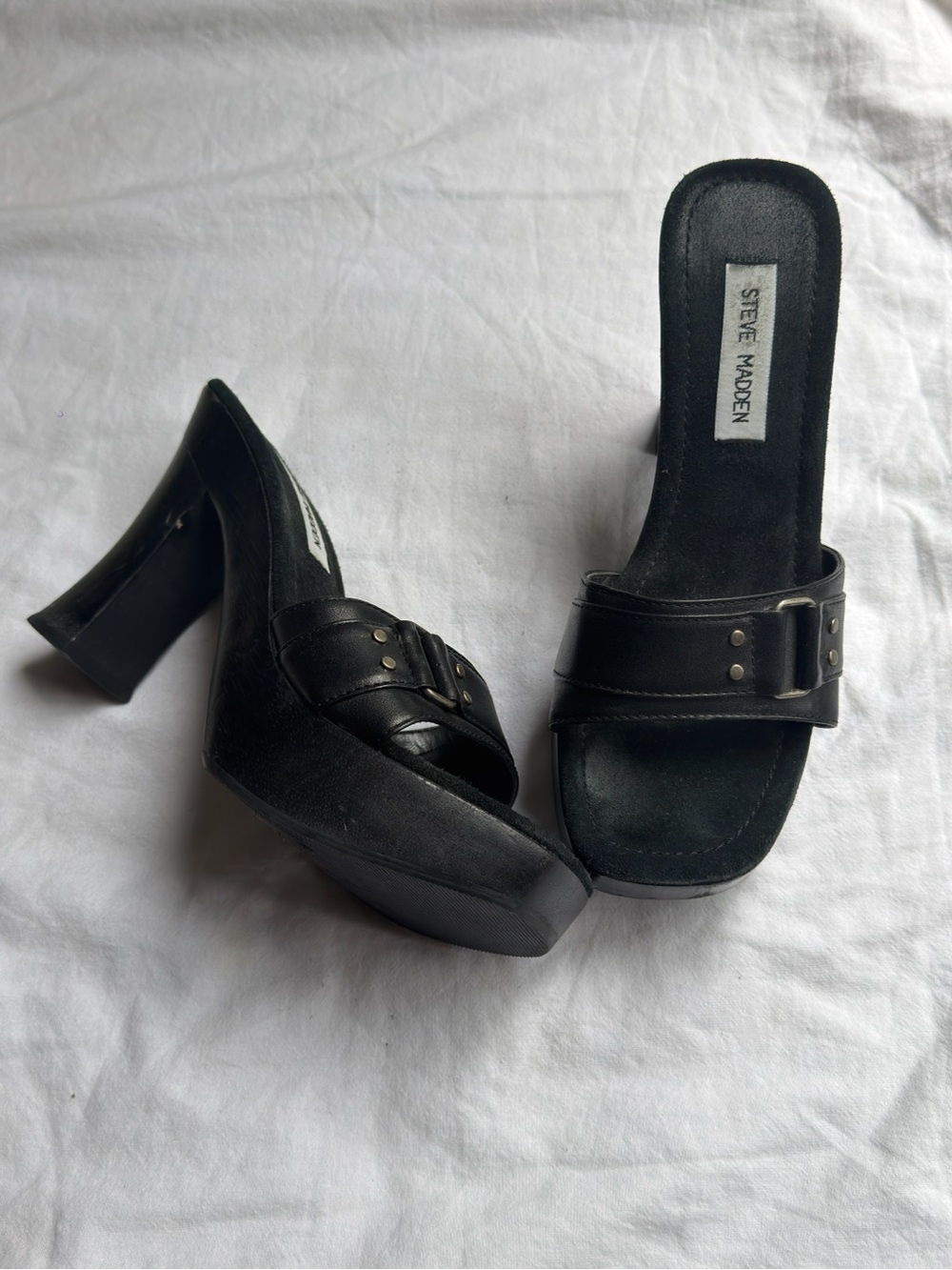Steve Madden Black Leather Buckle Slide Mules